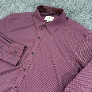 CONSTRUCT Shirt Men Large Burgundy Dots Slim Fit 4 Way Stretch Button Up Stretch